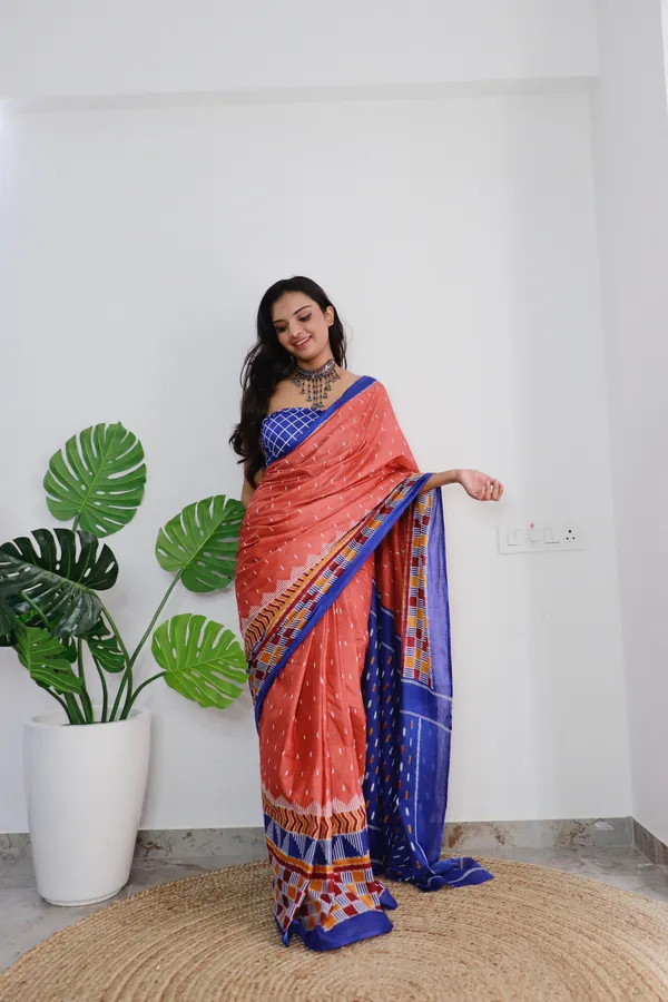 HANDICRAFT_WOMEN'S_Ikkat_PRINT_PURE_SOFT_COTTON_SAREE_WITH_BLOUSE_PIECE_With_Blouse_Piece